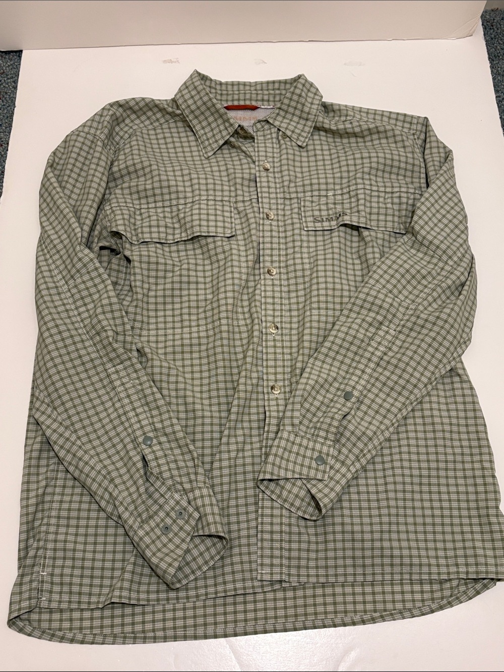 Simms light green plaid long sleeve fishing shirt. Vented back. Large.